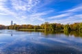 Big Novodevichy pond on a sunny autumn day near the Novodevichy convent Bogoroditse-Smolensky monastery. Moscow, Russia Royalty Free Stock Photo