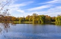 Big Novodevichy pond on a sunny autumn day near the Novodevichy convent Bogoroditse-Smolensky monastery. Moscow, Russia Royalty Free Stock Photo