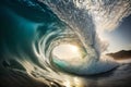 Big ocean clear blue surfer wave tube closeup. Generative AI