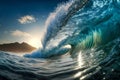 Big Ocean Clear Blue Surfer Wave Tube Closeup. Generative AI