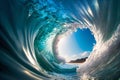 Big ocean clear blue surfer wave tube closeup. Generative AI