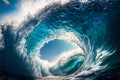 Big ocean clear blue surfer wave tube closeup. Generative AI