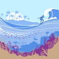 Big ocean wave and tropical island on Vector blue background wit Royalty Free Stock Photo