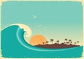 Big ocean wave and tropical island.Vintage poster background Royalty Free Stock Photo