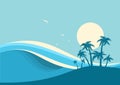 Big ocean waves and tropical island.Vector blue background Royalty Free Stock Photo