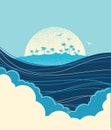 Big ocean waves and tropical island.Vector blue illustration Royalty Free Stock Photo