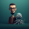 Minimalist 3d Cartoon Character With Glasses And Octopus