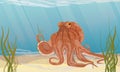 Big octopus in the tropical sea. Bottom with seaweed. Aquarium.