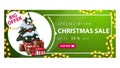 Big offer, Christmas sale, up to 30% off, green horizontal discount banner with garland, button and Christmas tree in a pot. Royalty Free Stock Photo