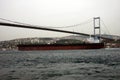 A big oil tanker passing under the bridge in the Bosphorus