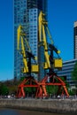 Big old cranes in Puerto Madero neighborhood waterfront Royalty Free Stock Photo