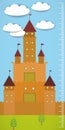 Big old fairytale castle blue sky green grass and white clouds Children height meter wall sticker, kids measure. Vector