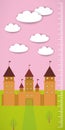 Big old fairytale castle pink sky green grass and white clouds Children height meter wall sticker, kids measure. Vector