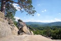 Big old pine tree growing on rocky mountain top under blue sky on summer mountain view background Royalty Free Stock Photo
