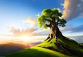 Big old tree and rocks on green grass hill in morning light. AI generative Royalty Free Stock Photo