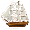 Big old wooden historical sailing boat galleon on white. With sails, mast, brown deck, guns.