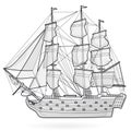 Big old wooden historical sailing wire boat on white. With sails, mast, brown deck, guns