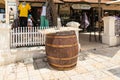 Big old wooden wine barrel stands on the main pedestrian HaMeyasdim street in Zikhron Yaakov city in northern Israel