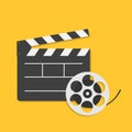 Big open clapper board Movie reel Cinema icon set. Flat design style. Yellow background. Isolated Royalty Free Stock Photo