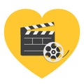 Big open clapper board Movie reel Cinema icon set. Heart sign symbol. Flat design style. Yellow background. Isolated Royalty Free Stock Photo