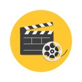 Big open clapper board Movie reel set. Cinema round icon. Flat design style. Yellow background. Isolated Royalty Free Stock Photo