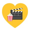 Big open clapper board Popcorn Heart shape. I love movie cinema icon sign symbol set. Red white lined box. Flat design style.