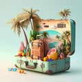 An big open suitcase on the beach, there are travelling stuff in side like sunglasses, surfboard, coke, sunhat etc, background is Royalty Free Stock Photo