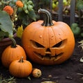 Big orange colour halloween pumpking in the home garden Royalty Free Stock Photo