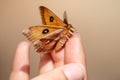The male Tau Emperor Aglia tau orange butterfly in hand