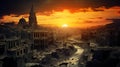 Big orange Sun over the totaly ruined city after a disaster or apocalypse. Generative ai