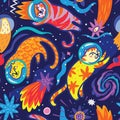 Big orange tigers in cosmic adventures. Vector illustration