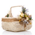 Big original basket of natural vines. Decor with natural components, lavender, greenery, burlap and decorative wooden Royalty Free Stock Photo