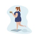 A big overweight woman stands on the scales and wants to lose weight, to become slim. She`s holding a burger plate. The concept of Royalty Free Stock Photo