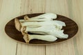 Big Oyster Mushroom (Pleurotus Eryngii Mushroom) decorated on plate over wooden background.