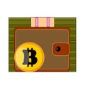 Big pack of cash green dollars, brown purse, yellow, gold, coin Bitcoin on white background