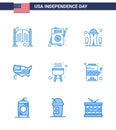 Big Pack of 9 USA Happy Independence Day USA Vector Blues and Editable Symbols of barbecue; thanksgiving; wedding; map; space