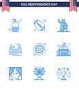 Big Pack of 9 USA Happy Independence Day USA Vector Blues and Editable Symbols of tourism; golden; landmarks; gate; usa