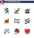 Big Pack of 9 USA Happy Independence Day USA Vector Flat Filled Lines and Editable Symbols of buntings; garland; cart; festival;