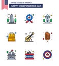 Big Pack of 9 USA Happy Independence Day USA Vector Flat Filled Lines and Editable Symbols of guiter; packages; police; money; Royalty Free Stock Photo