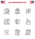 Big Pack of 9 USA Happy Independence Day USA Vector Lines and Editable Symbols of foam hand; summer; star; kite; map