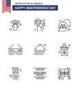 Big Pack of 9 USA Happy Independence Day USA Vector Lines and Editable Symbols of muffin; cake; usa; usa; glasses