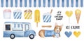 Big pack of various yummy ice cream products, funny corgi puppy character, restaurant car, striped seamless awning pattern, wooden