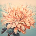 Big pale orange flower. Cream colored dahlia painted in watercolor on light blue background. Floral background in tender paslet Royalty Free Stock Photo