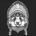 Big panda, bamboo bear portrait. Indian tribal traditional headdress with feathers.