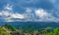 Big panorama. scenery of Cat Cat village, popular tourist trekking destination. Rice field terraces.  Mountain view in the clouds. Royalty Free Stock Photo