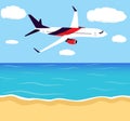 Big passenger airplane in half-profile, flying in the sky above the seashore. Travel, tourism, summer vacation background, poster.