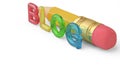 A big pencil and color blog letters on white background 3d illus