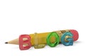 A big pencil and color blog letters on white background 3d illus