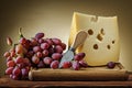 Big piece of cheese with rose grape and little knife on wooden board yellow gradient background Royalty Free Stock Photo