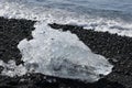 Big piece of ice on the rocky shore